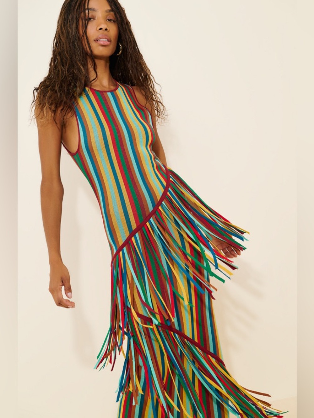 Simon Miller Spiral Knit Maxi Dress Fringe Rainbow Multicolor Sleeveless M boho